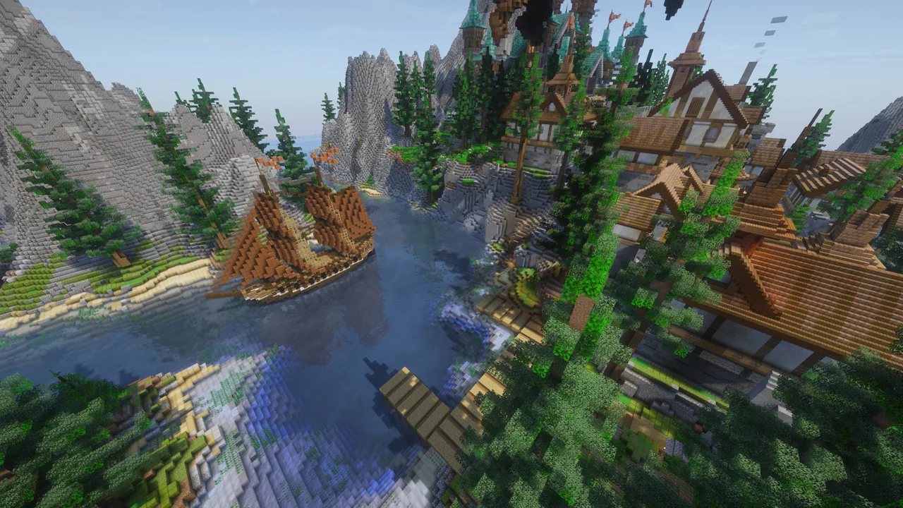 A timber ship sailing through the water beneath the castle and rocky mountains