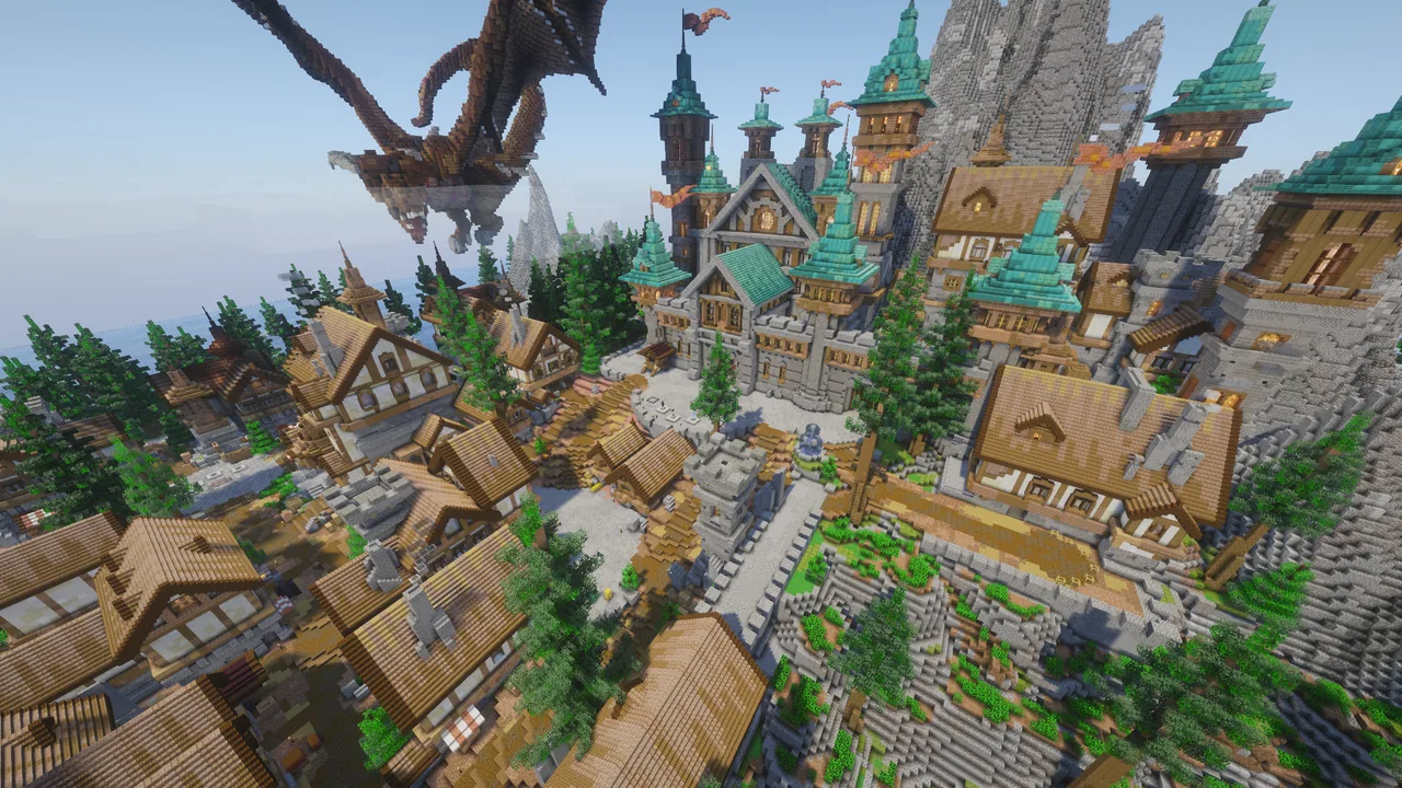 Shader view of Xratk SMP's castle, teal towers and enormous dragon above the medieval village